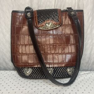 MC Crocodile Embossed Leather Brown Silver Accents Purse Shoulder Bag
